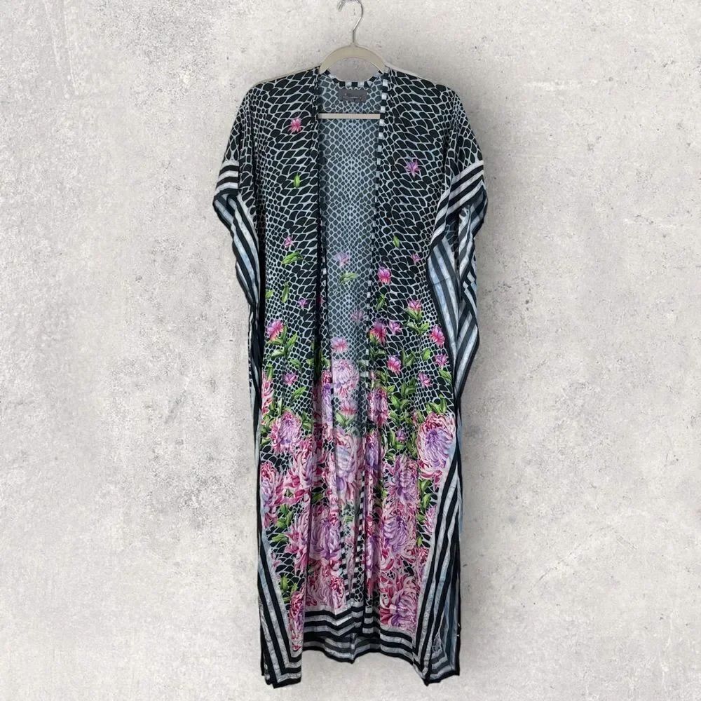 Anthropologie Printed Duster Kimono Blue Floral Stripe Open Front, One Size